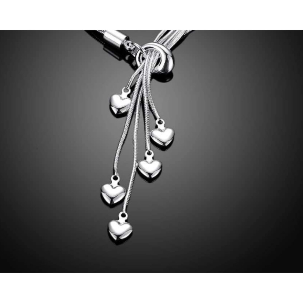 Italian Sterling Silver 5 Chains 5 Five-Heart Necklace 21.6" Heart Necklace - Picture 2 of 6